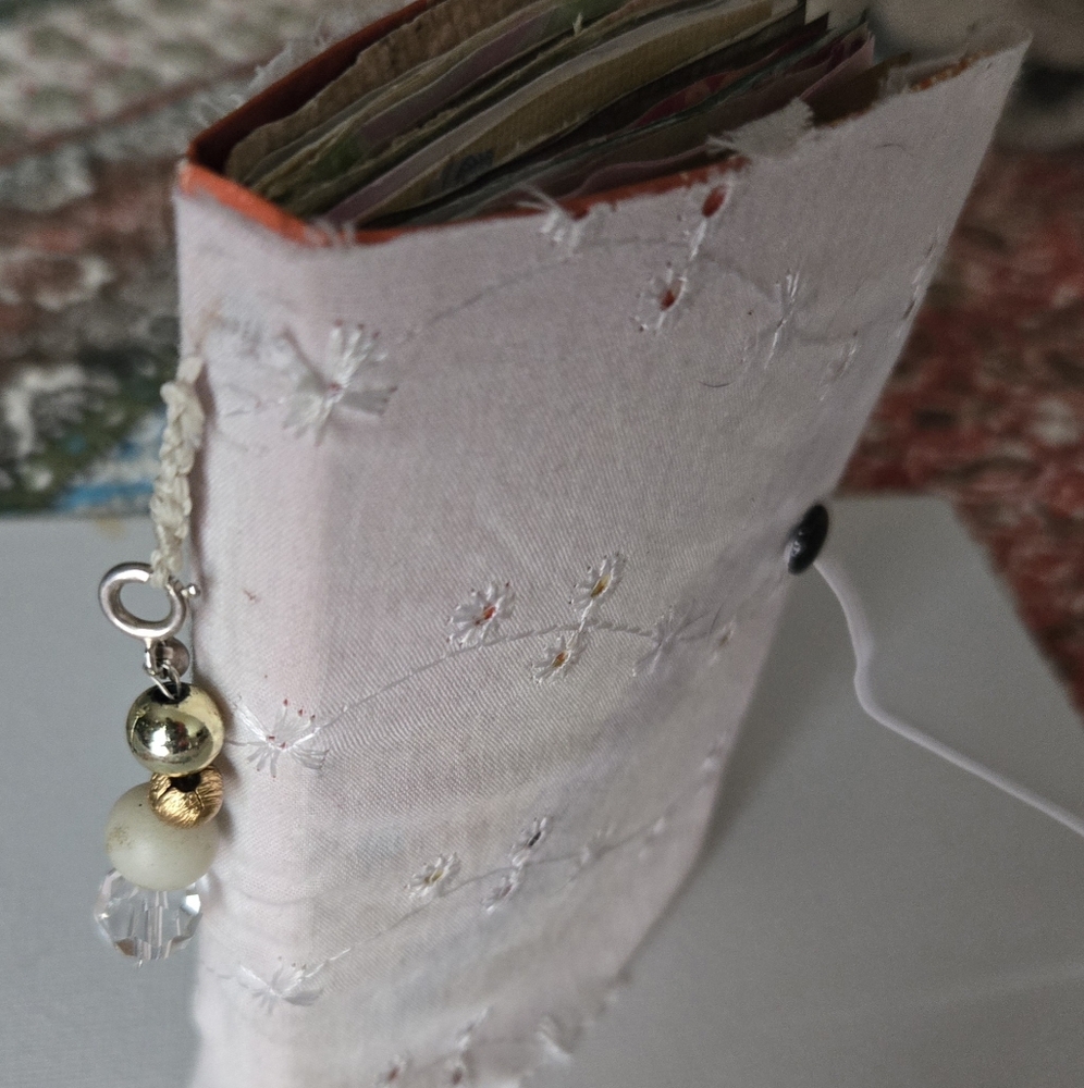 JUNK JOURNAL embroidered White  Handmade with Beaded Charm Free Jewelry Inside